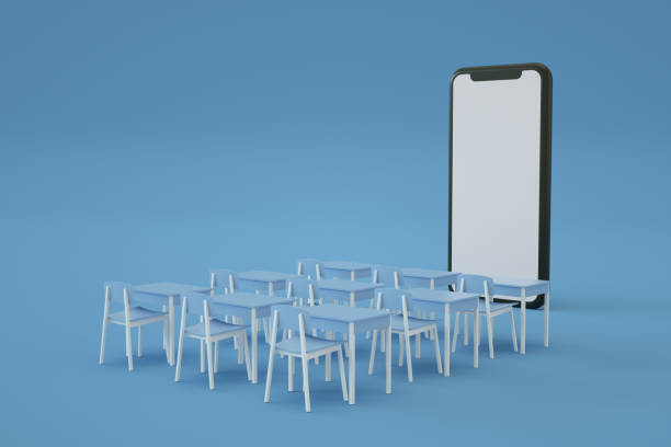 3d rendering of Online Training Concept with Smart Phone and School Desks
