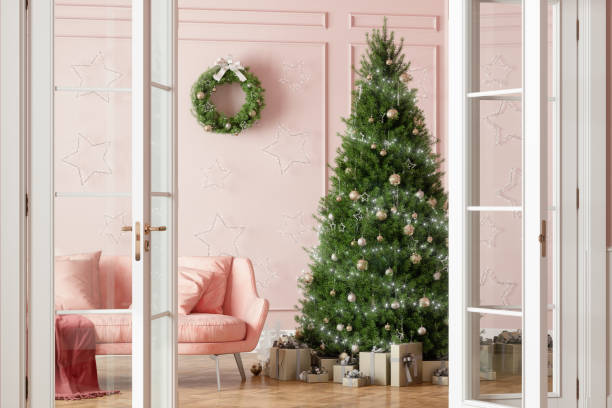 Entrance Of Living Room With Christmas Tree, Ornaments, Gift Boxes And Pink Sofa Entrance Of Living Room With Christmas Tree, Ornaments, Gift Boxes And Pink Sofa pink christmas tree stock pictures, royalty-free photos & images