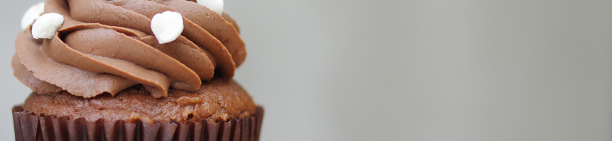 Chocolate icing cupcake close-up view banner with gray copy space
