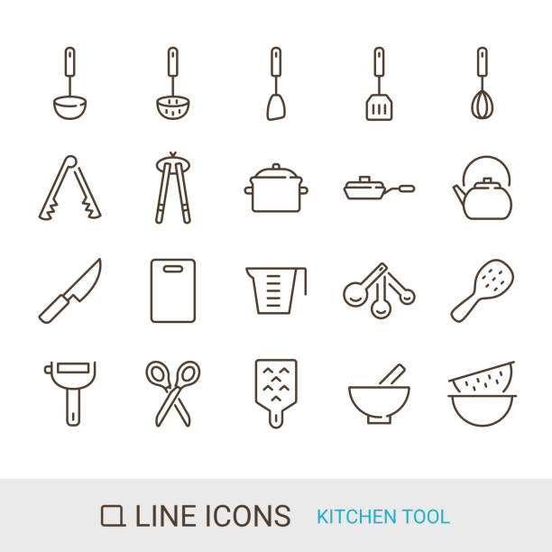 produktsymbol, küchenwerkzeug, liniensymbol - salatsieb stock-grafiken, -clipart, -cartoons und -symbole