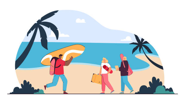 gruppe von freunden, die am strand entspannen gehen - surfing men hawaii islands wave stock-grafiken, -clipart, -cartoons und -symbole