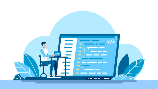концепция кодирования и программирования скриптов. javascript, php, python, html, другие языки. программист, работающий над веб-разработкой на ноутбуке. - python stock illustrations