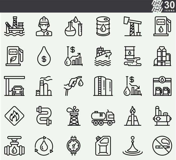 ilustraciones, imágenes clip art, dibujos animados e iconos de stock de iconos de la línea de la industria petrolera - plataforma petrolera