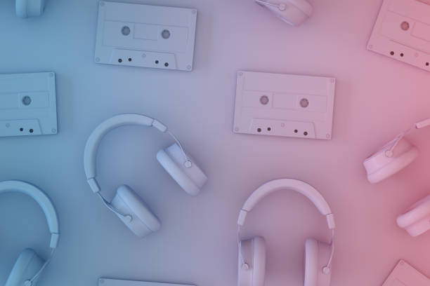 3d rendering of Headphones, Tape Cassette, Minimal Music Background.