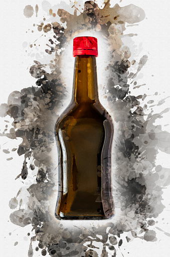 Brown glass bottle with a red cork. A pickle or soy sauce bottle amidst the occasional stain and paint splatter. Digital watercolor painting.