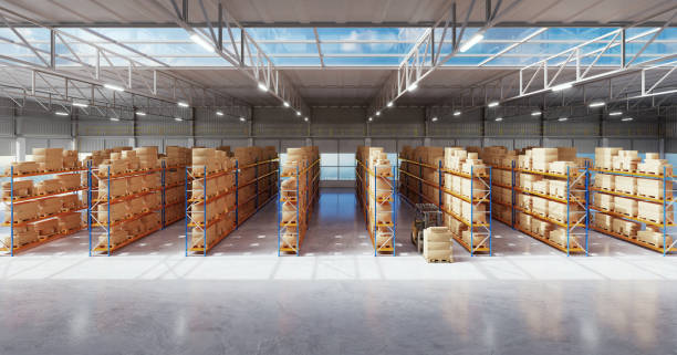 istock Panoramic view of warehouse with high shelves and goods 1339003426