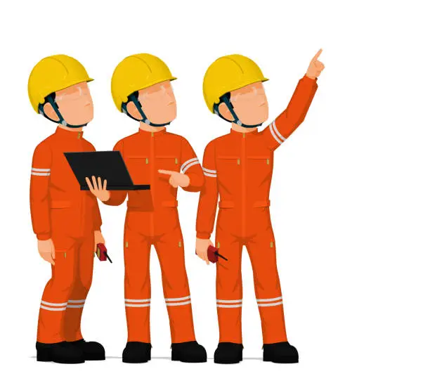 Vector illustration of Three workers are looking at high