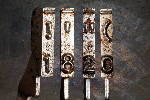 istock vintage old typewriter hammers with the date 1820 1339004547
