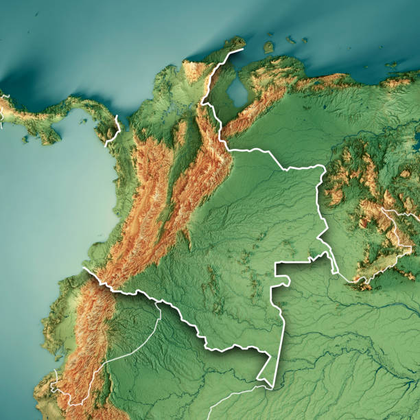 コロンビア 3d レンダリング地形図の色の境界線 - orinoco river ストックフォトと画像