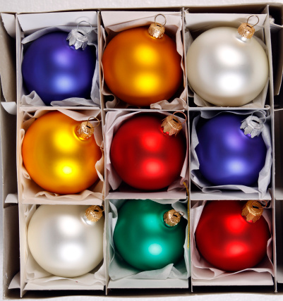 Colorful baubles in the white box