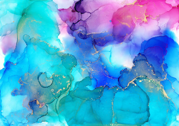 istock Blue, pink and gold splashes, abstract painting background. Alcohol ink, watercolor, liquid flow texture 1339005532