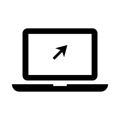 Laptop with cursor icon on white backdrop. Pointer arrow symbol. Computer mouse click. Vector illustration. Stock image. EPS 10.