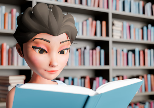portrait of a 3d female character reading a book with a library in the background. 3d rendering