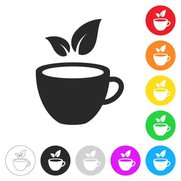 Vector illustration of Cup and tea leaves. Flat icons on buttons in different colors