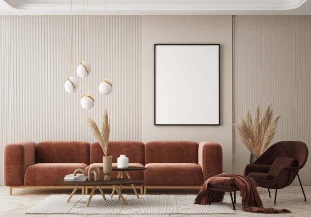 mock up poster frame in modern home interior background, living room,  Scandinavian style, 3D render, 3D illustration stock photo