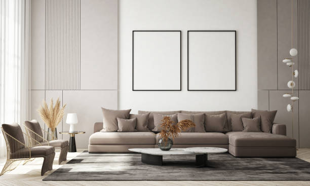 istock mock up poster frame in modern home interior background, living room,  Scandinavian style, 3D render, 3D illustration 1339010432