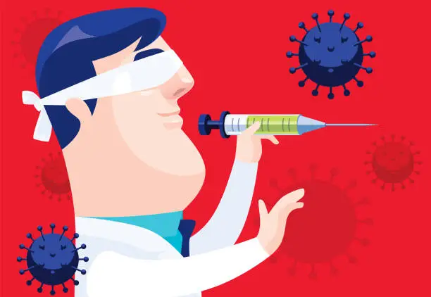 Vector illustration of blindfolded doctor throwing syringe