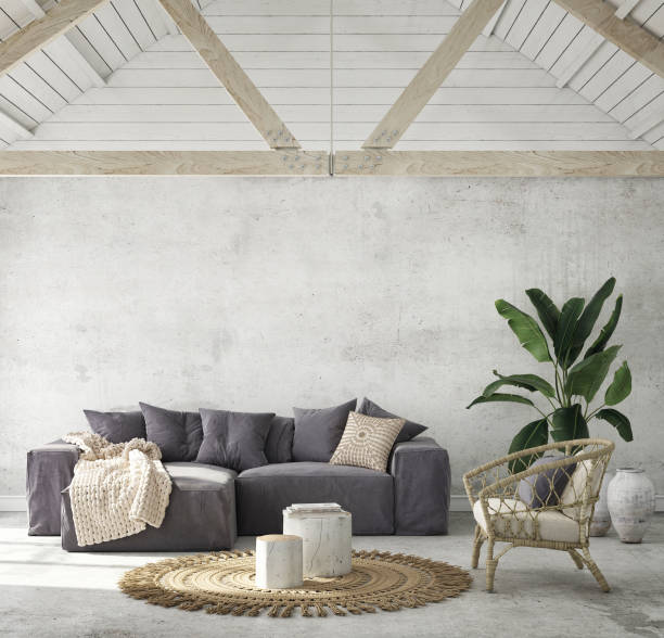 istock Modern home interior background, living room, coastal style, 3D render, 3D illustration 1339011939