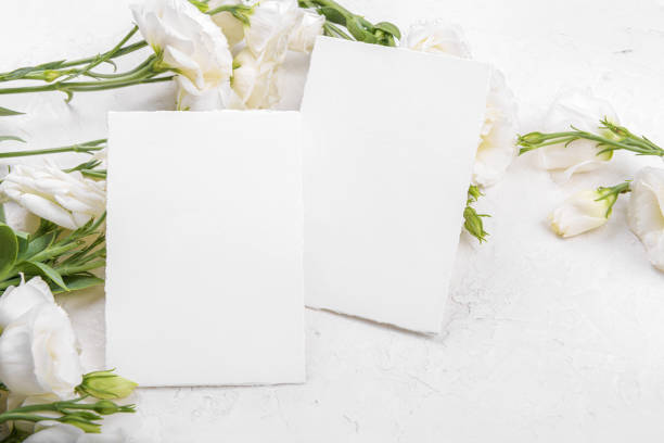istock Two empty card mockup with blooming white eustoma lisianthus flowers 1339014218