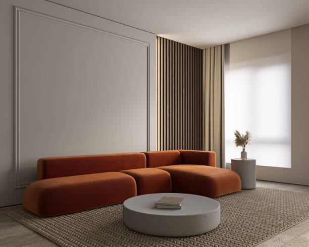istock Contemporary classic minimalist gray, beige interior with orange sofa, wall moldings, curtains and decor. 3d render illustration mockup. 1339014283