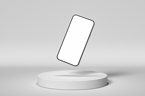 White presentation podium with phone. 3d render illustration mockup.