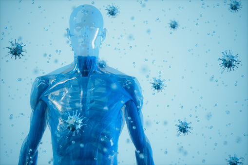 El cuerpo humano rodeado de virus sobre fondo azul photo