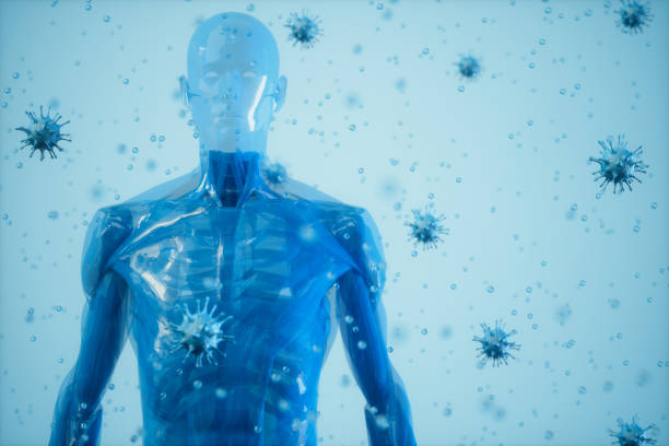 el cuerpo humano rodeado de virus sobre fondo azul - sistema inmune humano fotografías e imágenes de stock