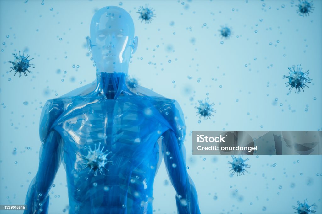 Human Immune System And Virus.The Human Body Surrounded By Viruses On Blue Background Immune System Stock Photo