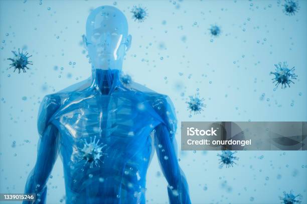 Human Immune System And Virusthe Human Body Surrounded By Viruses On Blue Background Stock Photo - Download Image Now