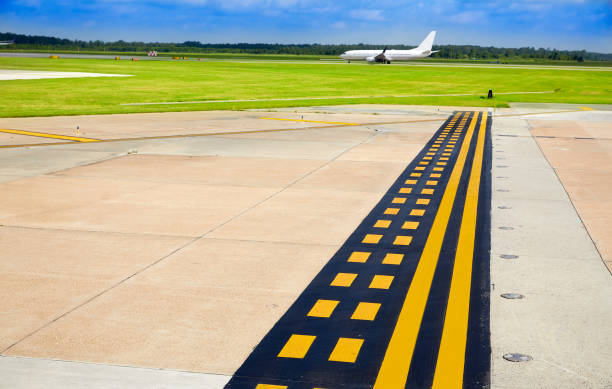 Railway airport with clouds sky background