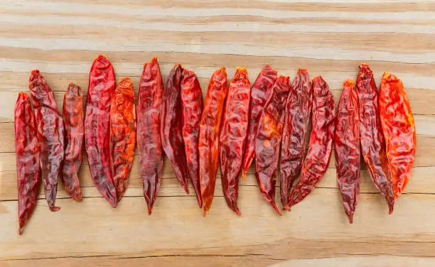 Chile de arbol seco dried hot Arbol pepper on wooden background