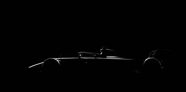 Generic racecar (racing car) prototype, silhouette on black. Car of my own design, legal to use. Photorealistic render.