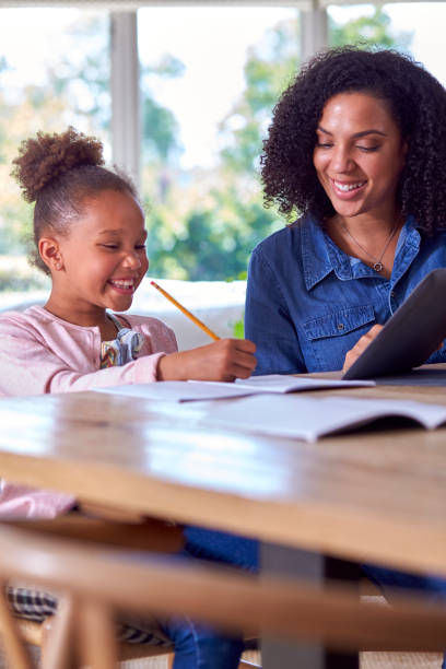 istock Mother Helping Daughter With Home Schooling Sitting At Table With Digital Tablet 1339018694