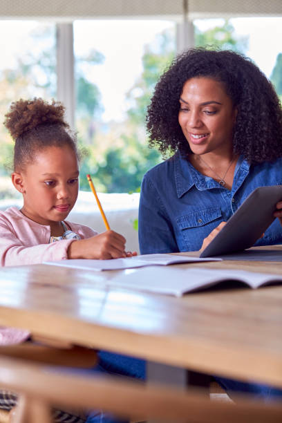 istock Mother Helping Daughter With Home Schooling Sitting At Table With Digital Tablet 1339018719