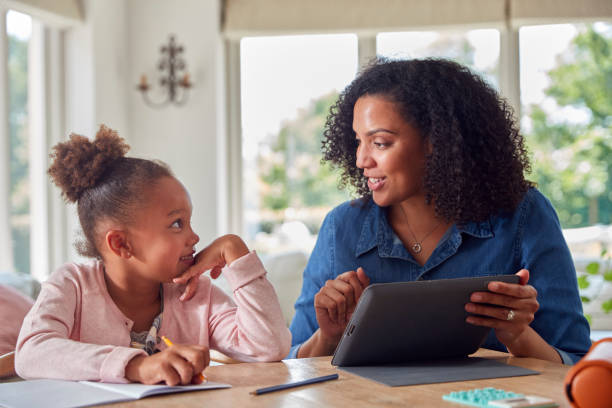 istock Mother Helping Daughter With Home Schooling Sitting At Table With Digital Tablet 1339018791