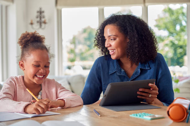 istock Mother Helping Daughter With Home Schooling Sitting At Table With Digital Tablet 1339018809