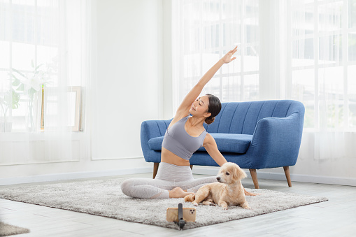 Wellness Athlete Asian indian woman looking mobile phone practice yoga online class stretching muscle with dog at home to meditation.Yoga Exercise Class Concept,Self isolation due COVID-19 pandemic