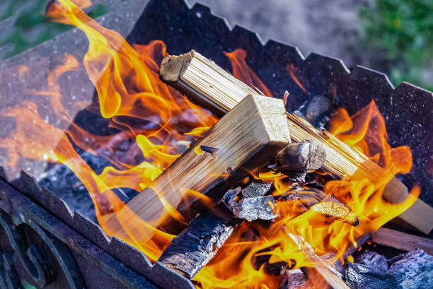istock bonfire with logs close up, campfire flame cooking 1339018955