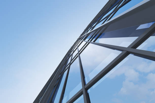 istock Low angle view of futuristic architecture, Skyscraper office building with cloud reflected on window, 3D rendering. 1339020454
