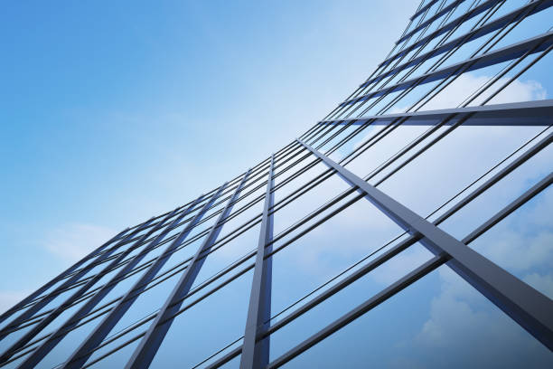 vista de ángulo bajo de arquitectura futurista, edificio de oficinas de rascacielos con nube reflejada en la ventana, renderizado 3d. - built structure construction window glass fotografías e imágenes de stock