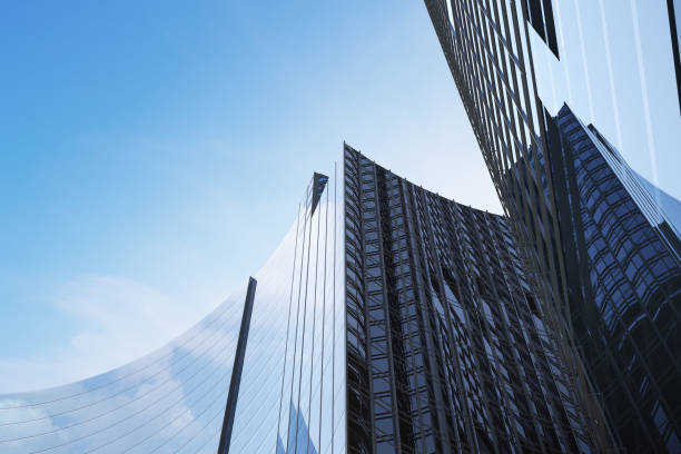 istock Low angle view of futuristic architecture, Skyscraper office building with cloud reflected on window, 3D rendering. 1339020517