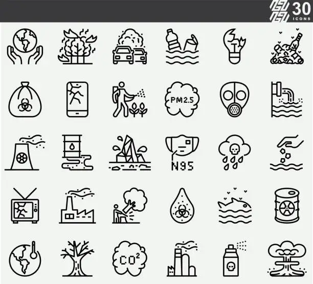 Vector illustration of Pollution and Global Warming Line Icons