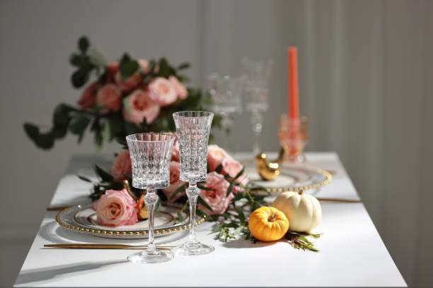 istock Classic white and pink set of wedding dinner table. 1339022132