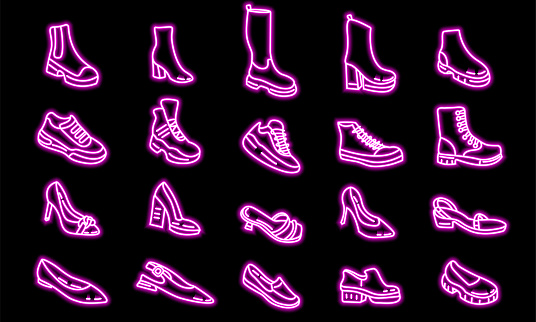 Shoes line icon set vector,neon effect, editable stroke.Sneakers, high heels, boots icon.
