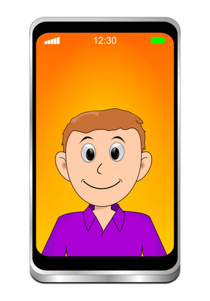 young man with purple shirt using video chat on smartphone on orange display - 3D illustration