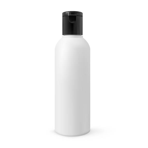 istock Realistic cosmetic bottle mock-up isolated on white background. White plastic with black cap beauty product container 3d vector illustration 1339024948