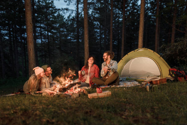 istock Young happy couples enjoying on camping during evening in the woods. 1339024953