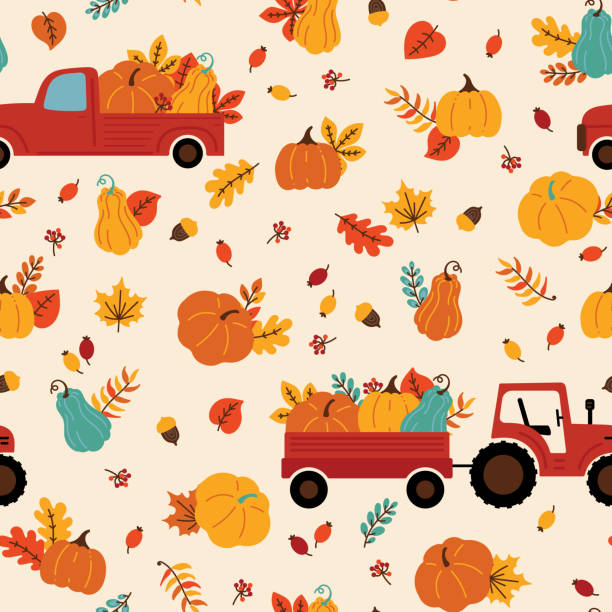 Pumpkin delivery vector seamless pattern Seamless pattern with pumpkins on red car and tractor and falling leaves on a yellow background. Bright texture for fall season and harvest time. Cartoon design in a vector. garden tractor stock illustrations