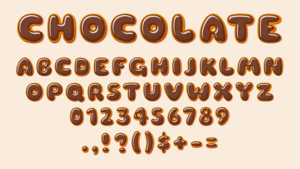 ilustrações de stock, clip art, desenhos animados e ícones de chocolate abc. bakery letters, alphabet letter and number glazed choco. decorative elements for baby, recipe, birthday cards, sale banners, vector design - choco