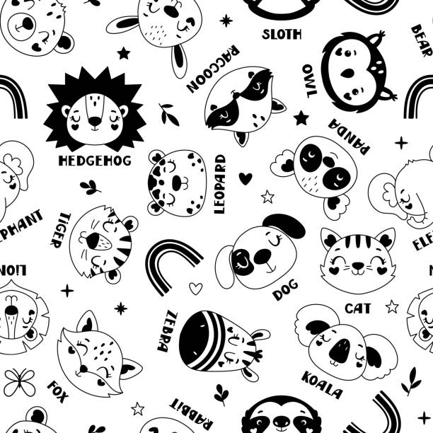 Seamless childish pattern with animals Cute seamless pattern with animal faces and text in black and white. Vector cartoon illustration for fabric, wrapping, textile, wallpaper, apparel. background of a owl black and white stock illustrations